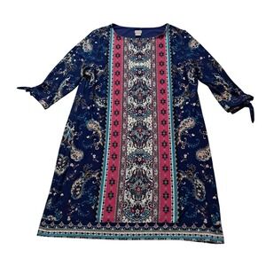 Chicos Shift Dress Womens 3P 16P Blue Pink Paisley Medallion Tie Sleeve Boho
